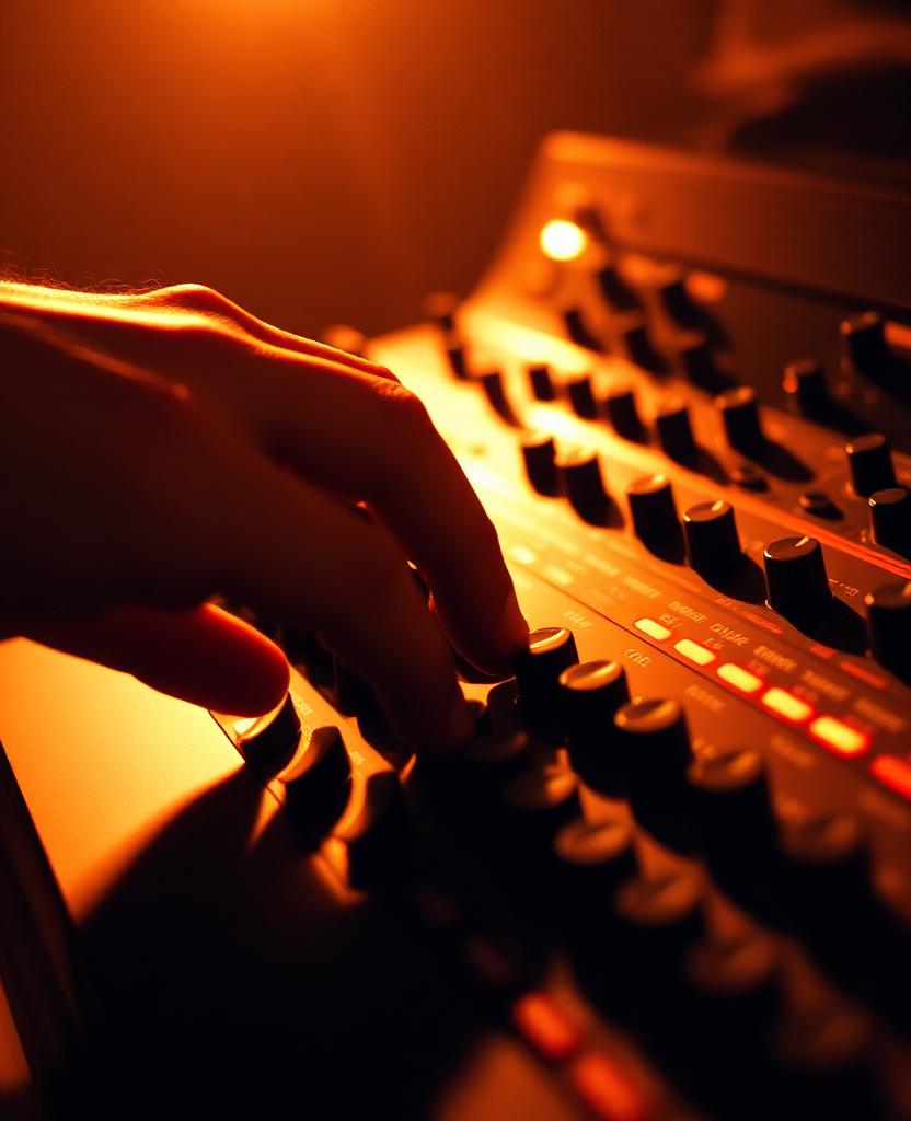 Hand adjusting a synthesizer in low light